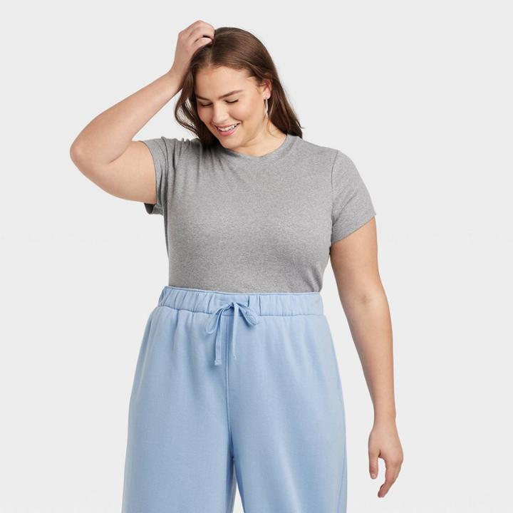 Women's Plus Size Short Sleeve Slim Fit Ribbed T-shirt - A New Day Heather Gray