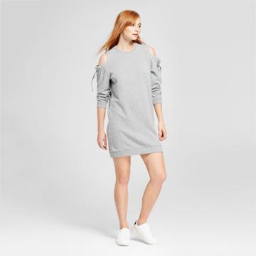 Women's Cold Shoulder Ruffle Tie Sweater Dress - Nitrogen Gray
