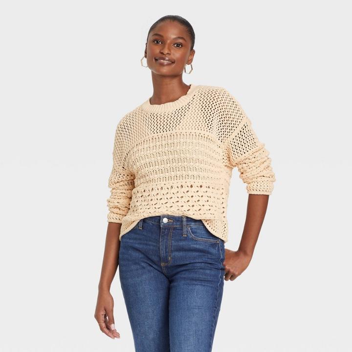 Women's Open Work Crewneck Pullover Sweater - Universal Thread Cream