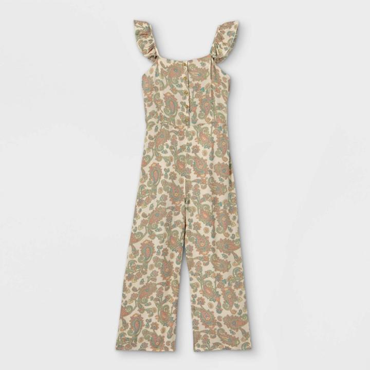 Girls' Button-front Ruffle Shoulder Sleeveless Jumpsuit - Art Class Off-white