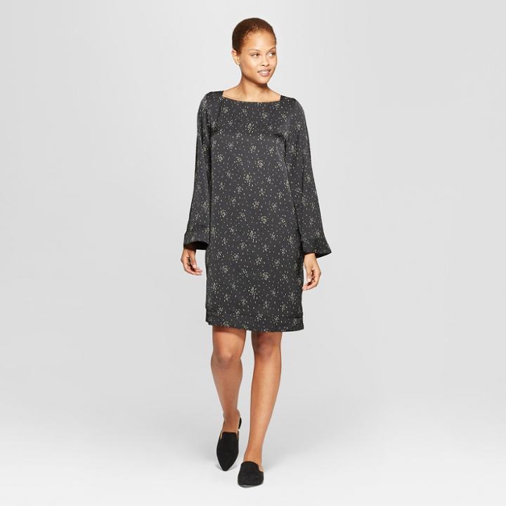 Women's Long Sleeve Square Neck Wide Sleeve Shift Dress - Prologue Black