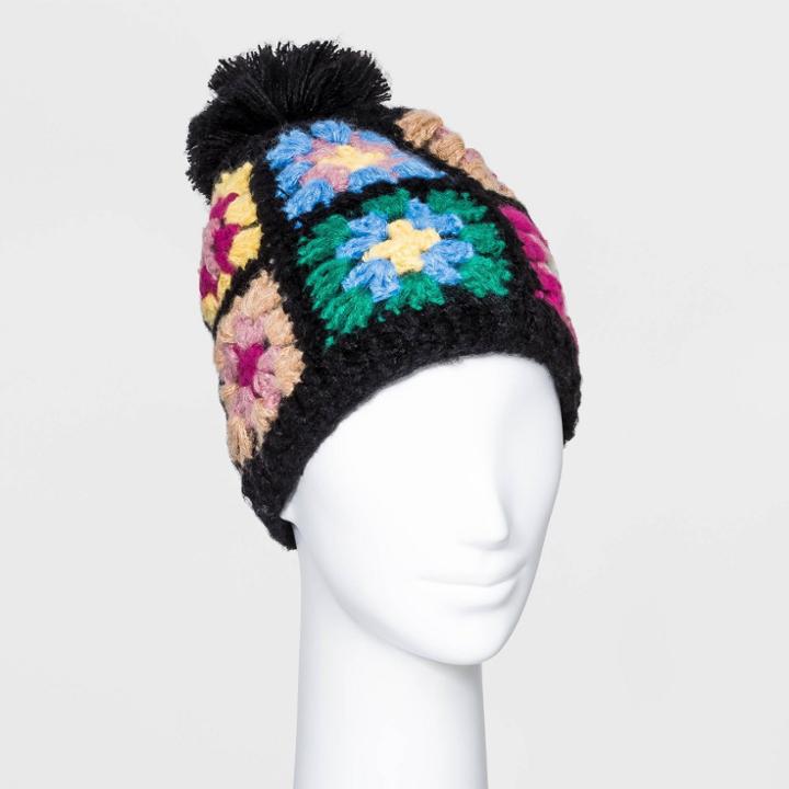 Women's Crochet Square Pom Beanie - Wild Fable Black