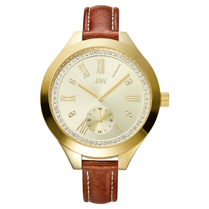 Women's Jbw J6309b Aria Japanese Movement Genuine Leather Real Diamond Watch - Gold, Brown