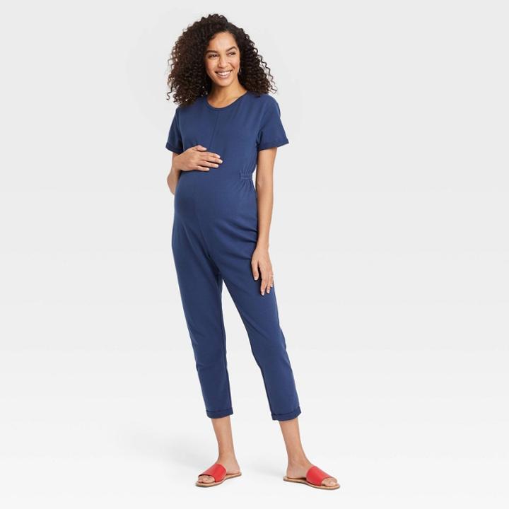 The Nines By Hatch Short Sleeve French Terry Cropped Maternity Jumpsuit Blue