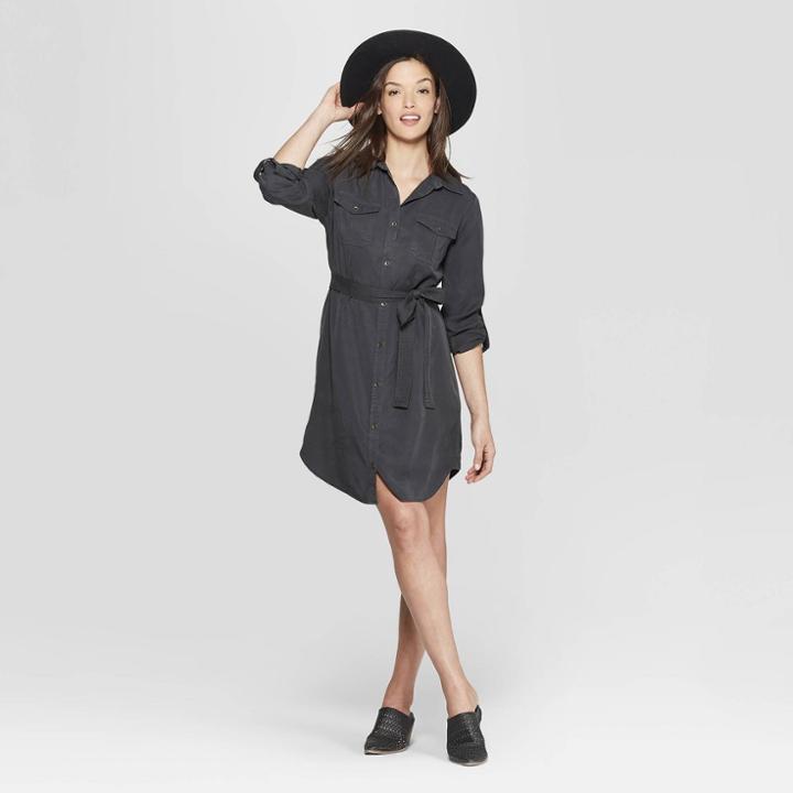 Women's Long Sleeve Collared At Knee Soft Twill Shirtdress - Universal Thread Black
