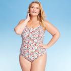 Women's Plus Size Smocked One Piece Swimsuit - Kona Sol White Floral 16w, Women's,