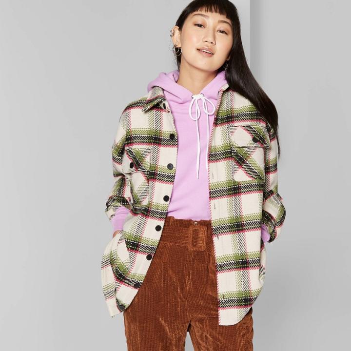 Women's Plaid Long Sleeve Button-down Shirt Jacket - Wild Fable White Xl, Women's, Green