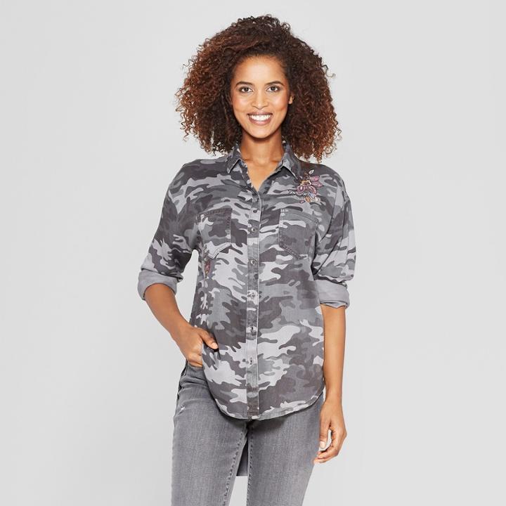 Women's Camo Print Long Sleeve Embroidered Tie-front Button-down Shirt - Knox Rose Gray
