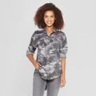 Women's Camo Print Long Sleeve Embroidered Tie-front Button-down Shirt - Knox Rose Gray
