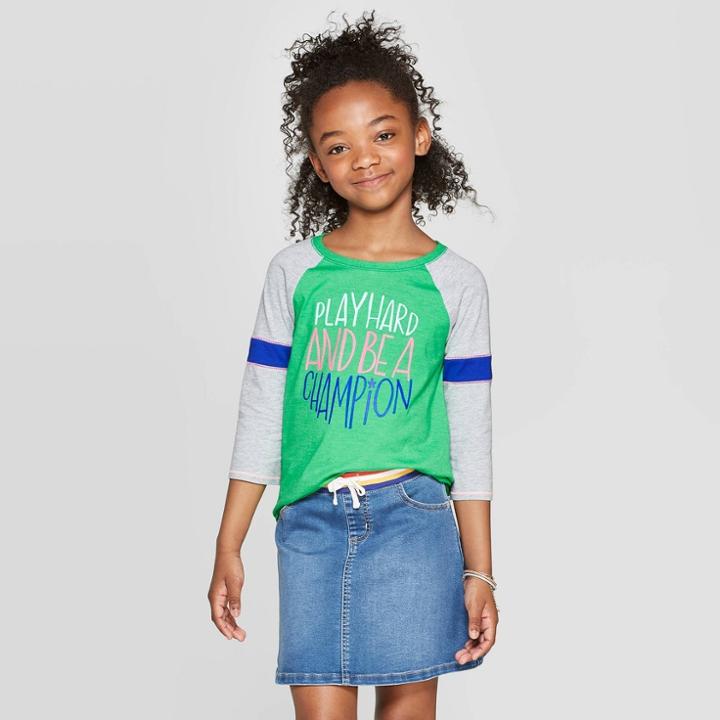 Girls' 3/4 Sleeve Play Hard Print Baseball T-shirt - Cat & Jack Green