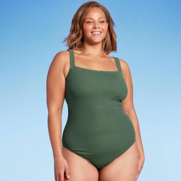 Women's Pucker Textured Square Neck High Coverage One Piece Swimsuit - Kona Sol Dark Green
