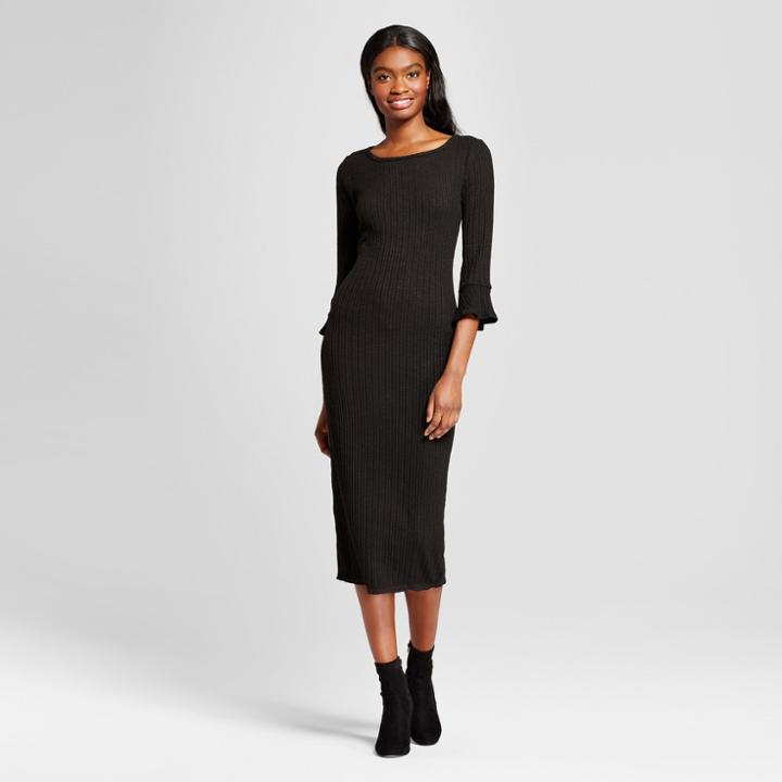Women's Ribbed Ruffle Cuff Midi Sweater Dress - K By Kersh Black
