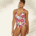 Women's Tie Shoulder One Piece Swimsuit - Sunn Lab Swim Pink Floral M,