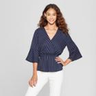 Eclair Women's Striped 3/4 Sleeve Menswear Wrap Waist Blouse - Clair Navy/white