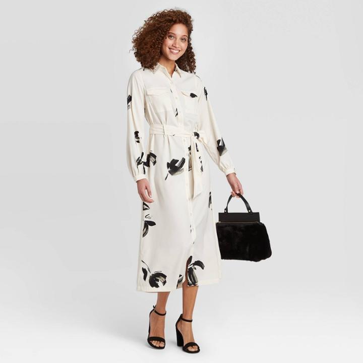 Women's Floral Print Long Sleeve Collared Maxi Shirtdress - A New Day Cream Xs, Women's, Ivory