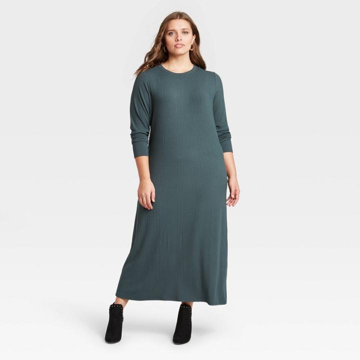 Women's Plus Size Long Sleeve Rib Knit Dress - A New Day Green