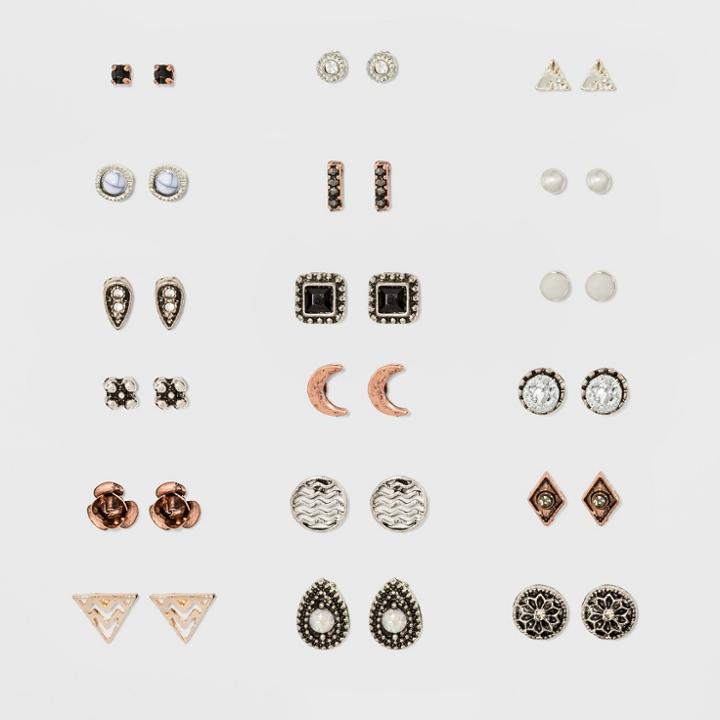 Target Eighteen Piece Multi With Moon, Triangle, Stone And Teardrop Earring Set,