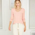 Women's Long Sleeve V-neck Pointelle T-shirt - Universal Thread Coral