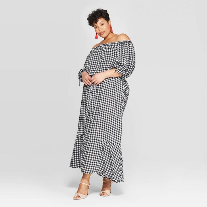 Women's Plus Size Gingham Off The Shoulder Dress - Ava & Viv Black