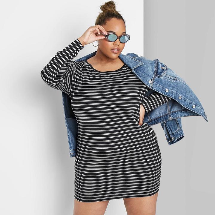 Women's Plus Size Striped Long Sleeve Round Neck Knit Mini Dress - Wild Fable Black/white 1x, Women's, Size: 1xl,