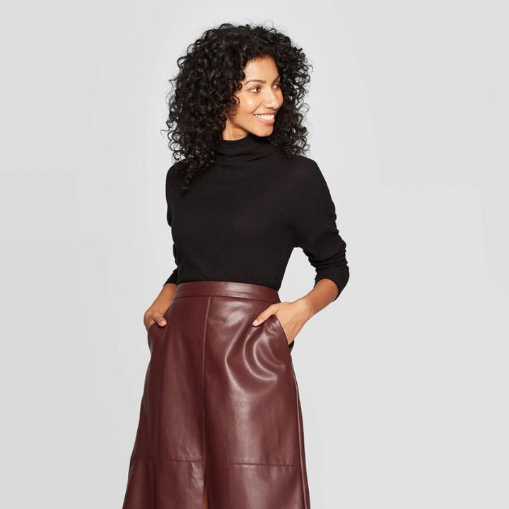 Women's Long Sleeve Turtleneck Rib Drapey Top - A New Day Black