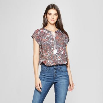 Women's Paisley Print Short Sleeve Tassel Blouse - Notations - Pink