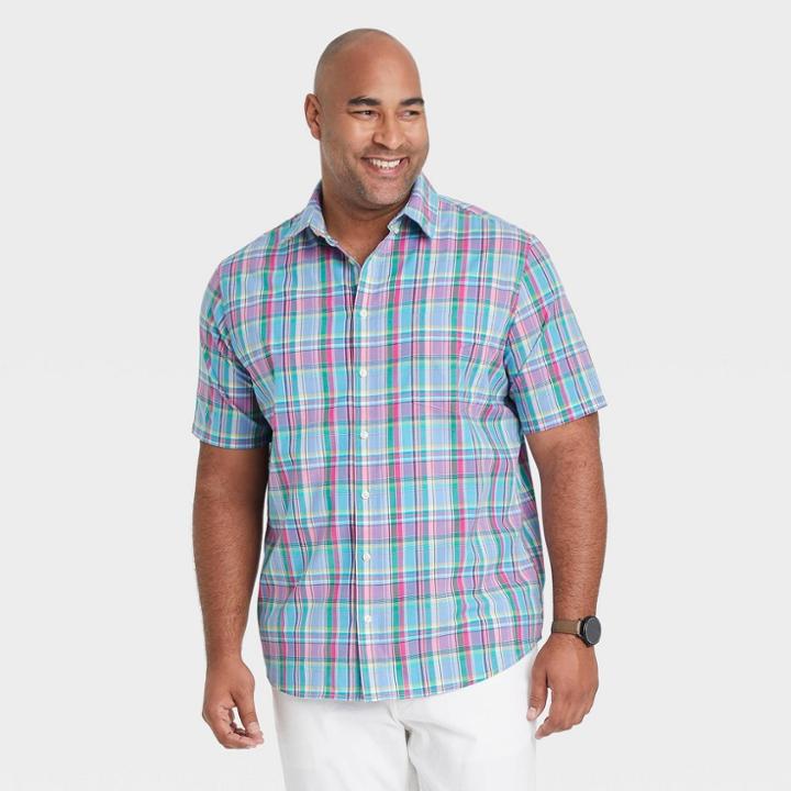 Men's Big & Tall Plaid Standard Fit Stretch Poplin Short Sleeve Button-down Shirt - Goodfellow & Co Blue/plaid
