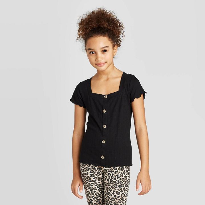 Girls' Lettuce Edge Square Neck Button-front Top - Art Class Black S, Girl's,