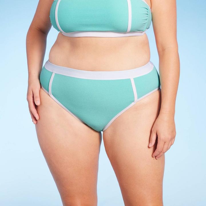 Women's Plus Size Terry Textured Solid High Waist High Leg Bikini Bottom - Kona Sol Turquoise Blue X