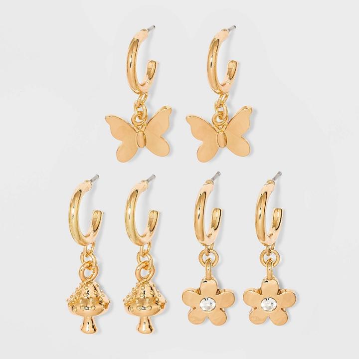 Butterfly Mushroom And Flower Charm Hoop Earring Set 3pc - Wild Fable Gold