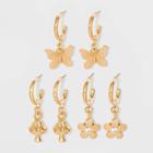 Butterfly Mushroom And Flower Charm Hoop Earring Set 3pc - Wild Fable Gold