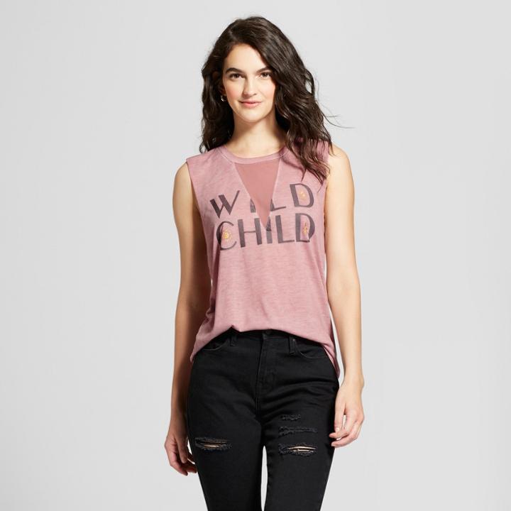 Women's Wild Child Oil Wash Mesh Detailed V-neck Muscle Tank Top (juniors') - Merona Pink L, Size: