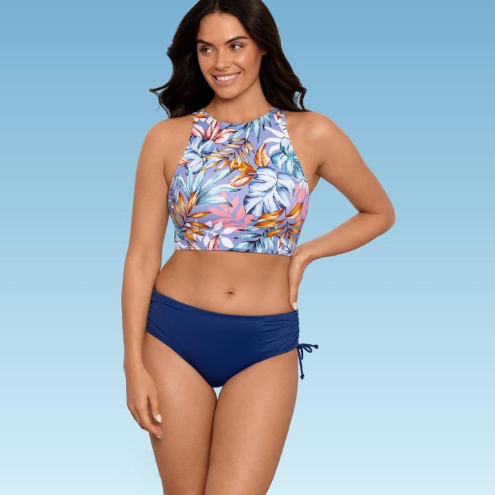Women's Slimming Control High Neck Bikini Top - Beach Betty By Miracle Brands Blue Floral