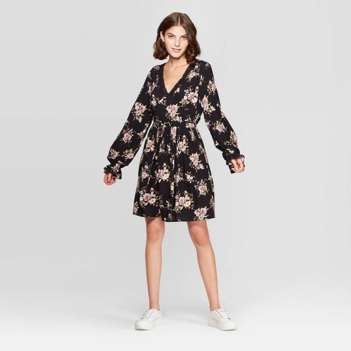Women's Floral Print Long Sleeve Deep V-neck Waist Tie Mini Dress - Xhilaration Black