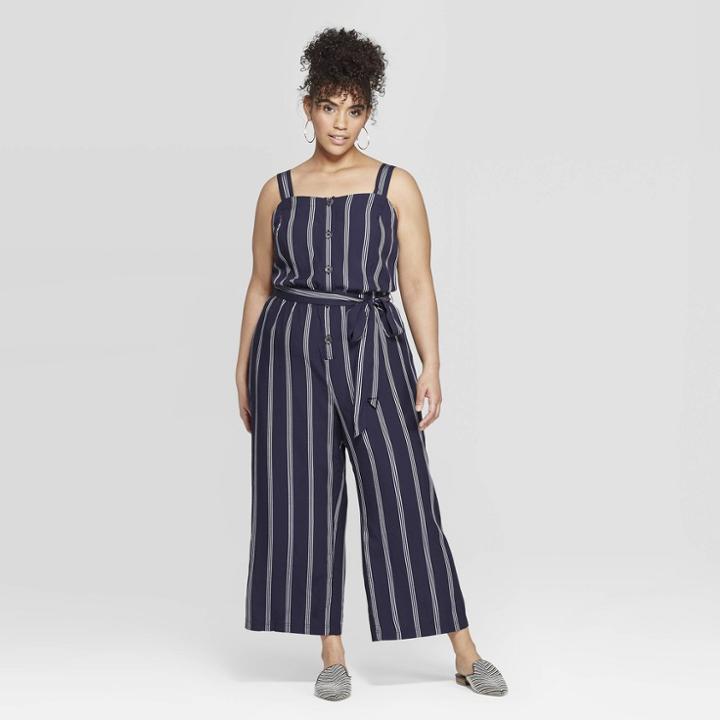 Women's Plus Size Striped Sleeveless Halter Neck Woven Jumpsuit - Ava & Viv Navy