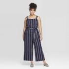 Women's Plus Size Striped Sleeveless Halter Neck Woven Jumpsuit - Ava & Viv Navy