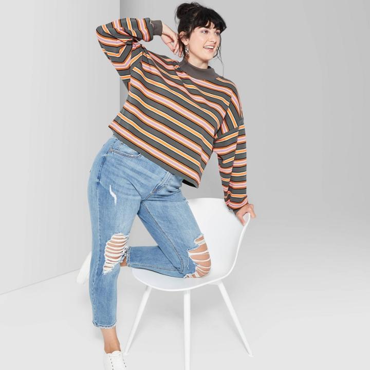 Women's Plus Size Striped Mock Turtleneck Cropped Boxy Sweatshirt - Wild Fable Olive 3x, Women's, Size: