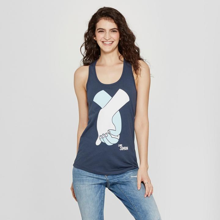 New World Sales Women's Love, Simon Holding Hands Cropped Graphic Cropped Tank Top (juniors') Blue