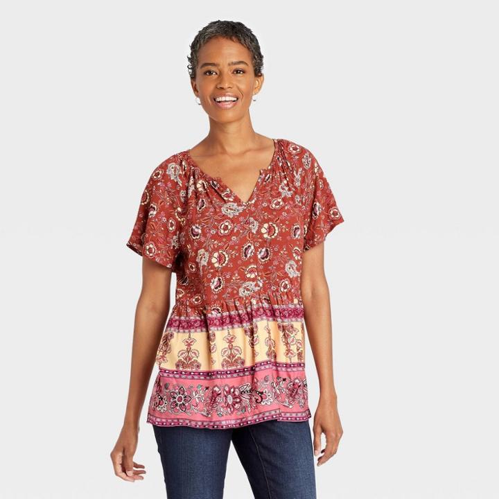 Women's Short Sleeve Floral Printed Babydoll Top - Knox Rose Brown Floral