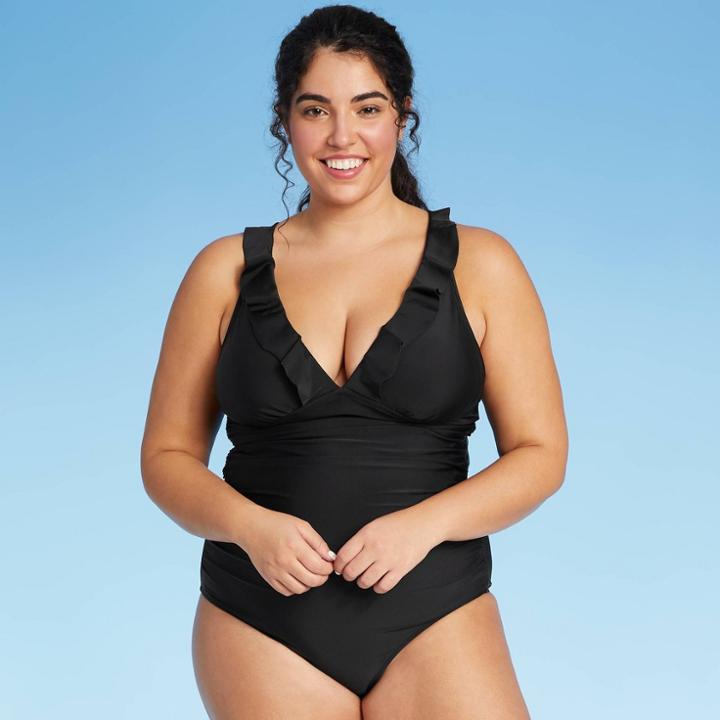Kona Sol Women's Long Torso Ruffle Over The Shoulder High Coverage One Piece Swimsuit - Kona