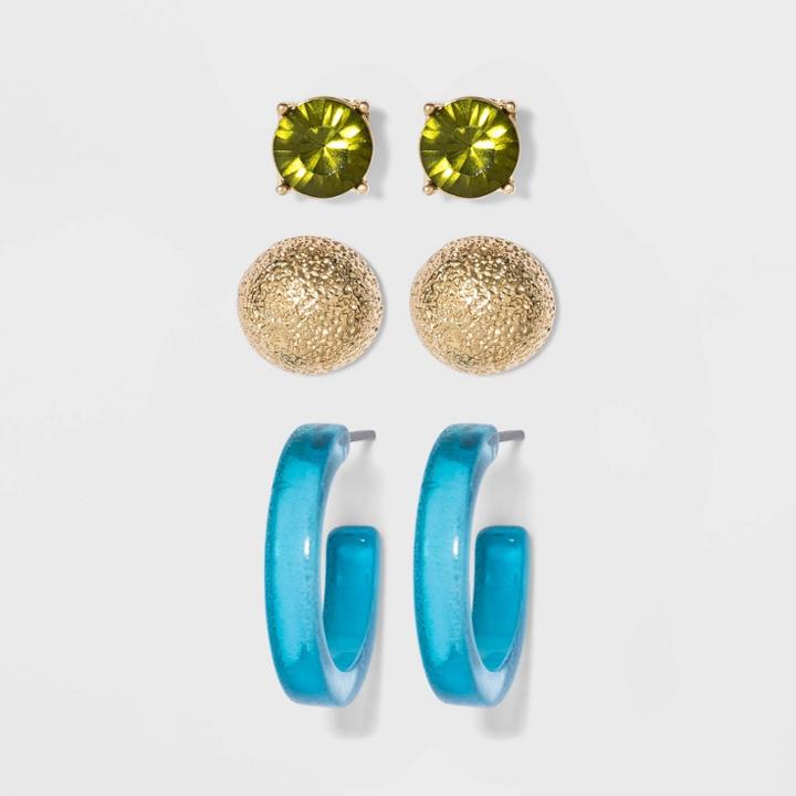 Stone Stud Sandblast Post And Open Hoop Multi Earring Set 3ct - A New Day Blue, Women's,