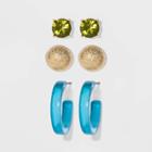Stone Stud Sandblast Post And Open Hoop Multi Earring Set 3ct - A New Day Blue, Women's,