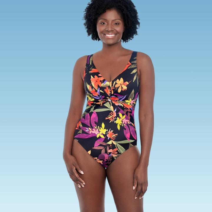 Women's Slimming Control Twist-front Over The Shoulder One Piece Swimsuit - Dreamsuit By Miracle Brands Black