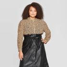 Women's Plus Size Leopard Print Bishop Long Sleeve Crewneck Blouse - Who What Wear Black