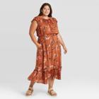 Women's Plus Size Floral Print Flutter Short Sleeve Dress - Universal Thread Brown
