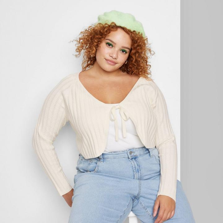 Women's Plus Size Tie-front Pointelle Cardigan - Wild Fable Almond