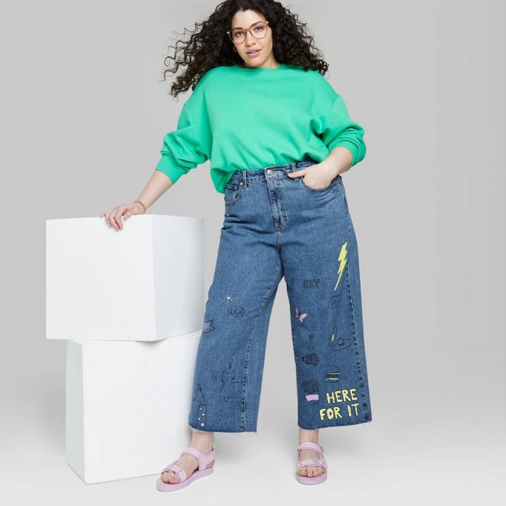 Women's Plus Size Wide Leg Cropped Jeans - Wild Fable Medium Wash Doodle Print