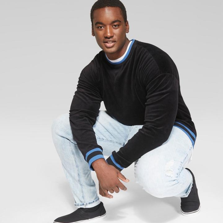 Men's Big & Tall Loose Fit Long Sleeve Velour Crew Pullover Sweatshirt - Original Use Black