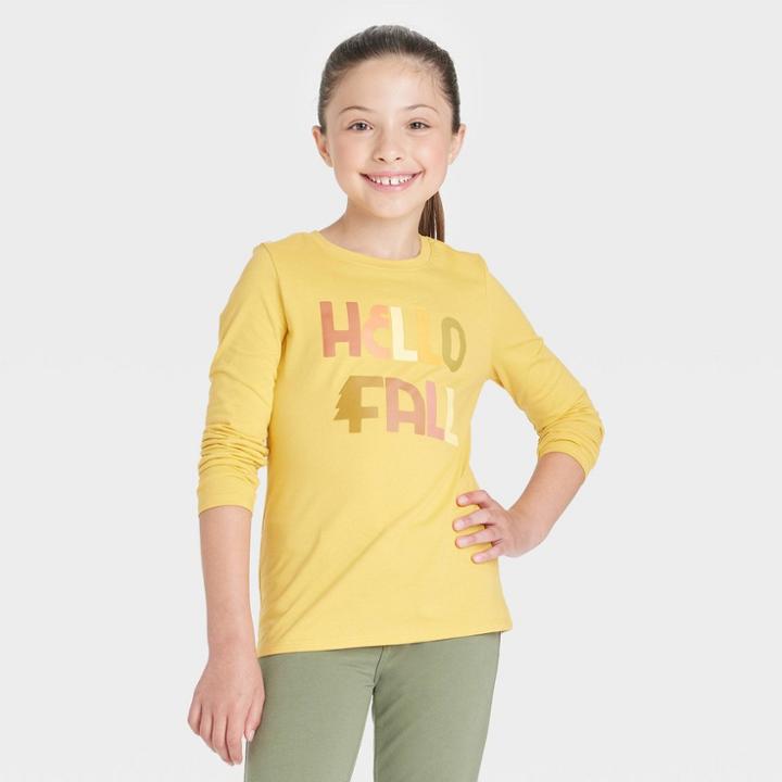 Girls' 'hello Fall' Long Sleeve T-shirt - Cat & Jack Mustard Yellow