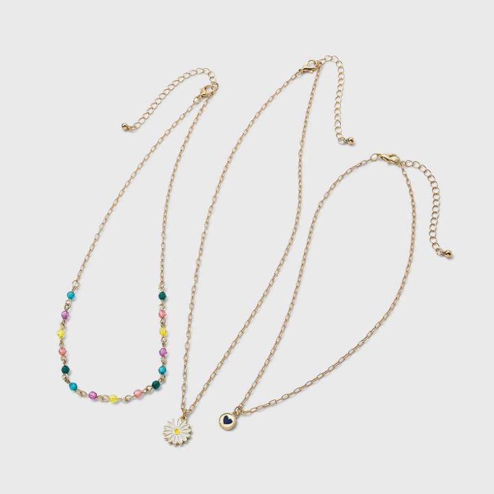Girls' 3pk Layered Heart And Daisy Necklace Set - Art Class Gold